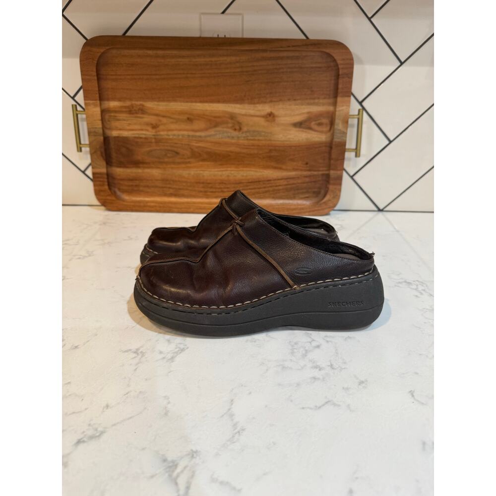 vintage Skechers brown leather clog mules chunky platform heel size 7 True 90s - Picture 6 of 11
